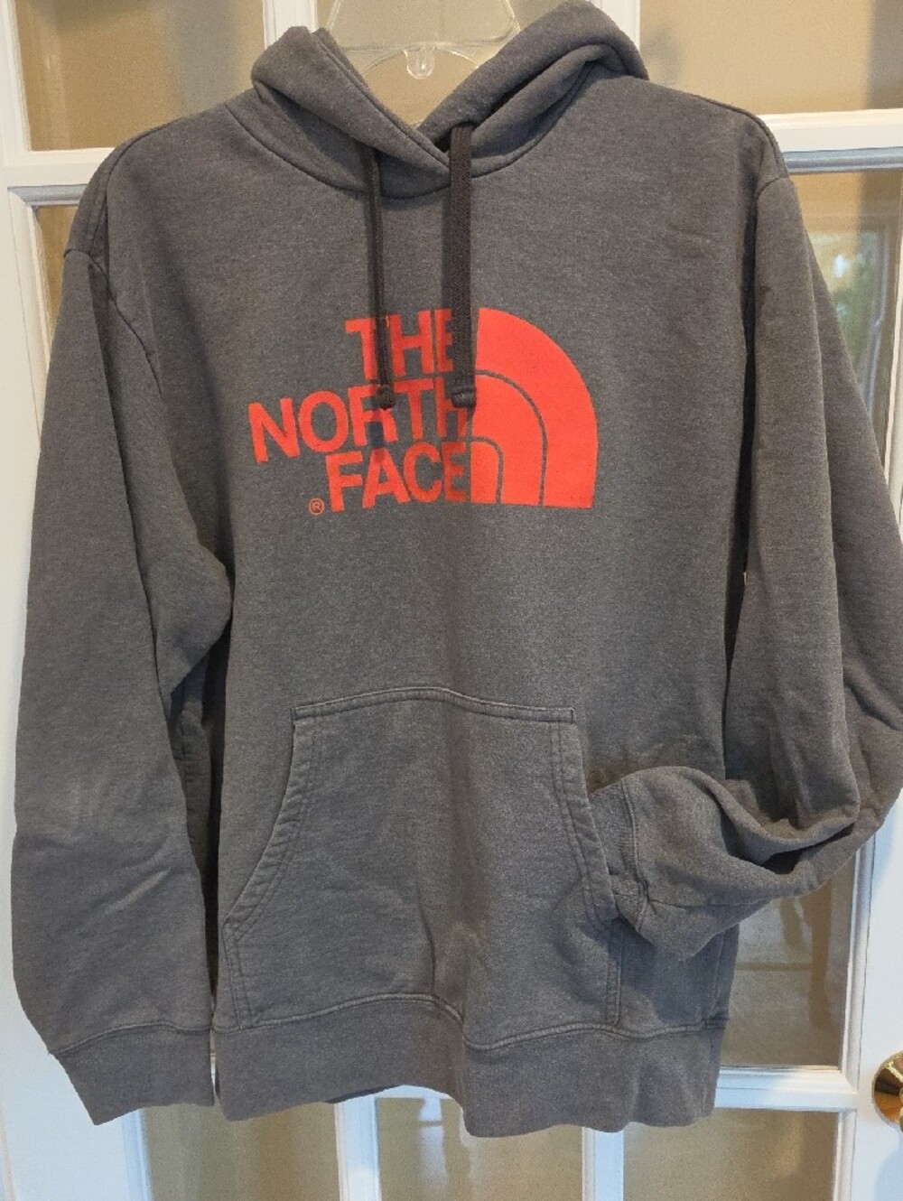 The North Face Men's Gray Pullover Hoodie with Orange Logo Size: L